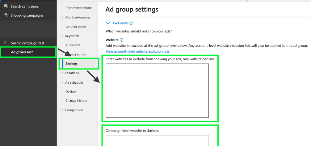 Screenshot van settings in Microsoft Audience Ads.