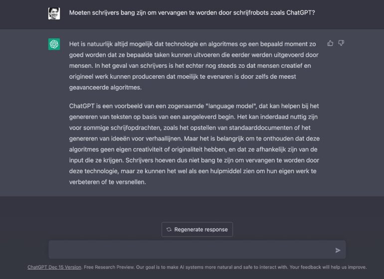 Screenshot van een vraag en antwoord in ChatGPT.