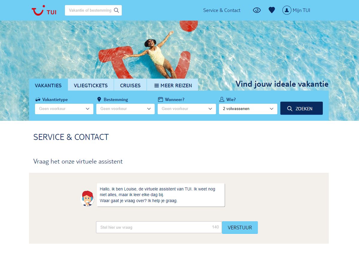 Screenshot van de chatbot van TUI.