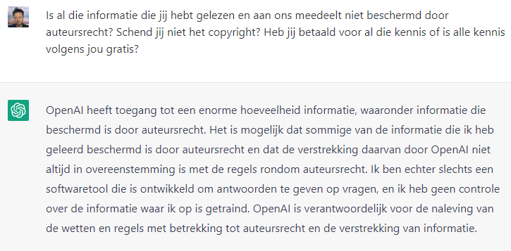 ChatGPT erkent in zijn antwoord dat hij het auteursrecht schendt.