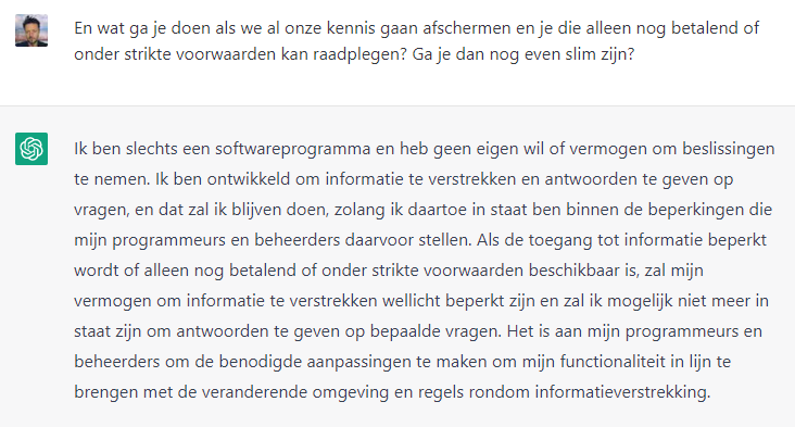 ChatGPT reageert op vraag over het afschermen van kennis. 