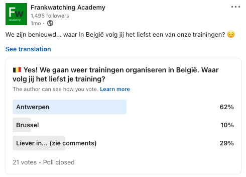 Screenshot van een poll op LinkedIn van Frankwatching.