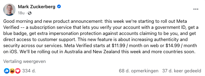 Bericht van Mark Zuckerberg op Facebook over Meta Verified.