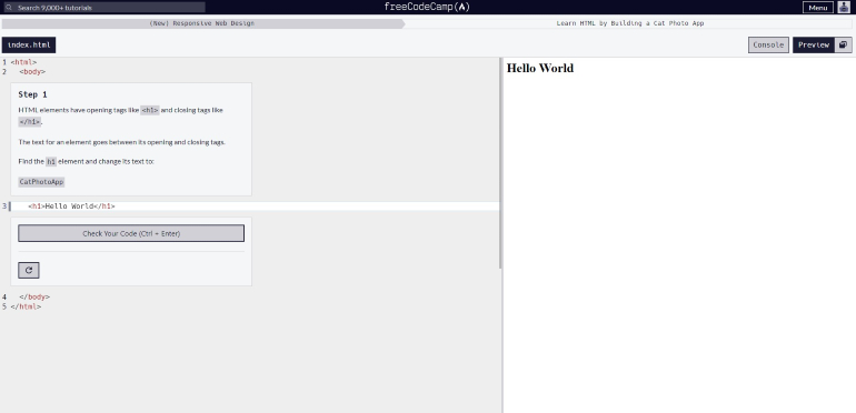 Freecodecamp: tutorial om html te leren.