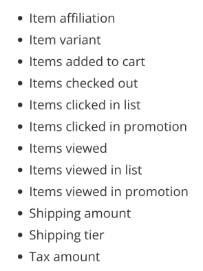 Lijstje met nieuwe e-commerce dimensies en statistieken in Google Analytics 4.