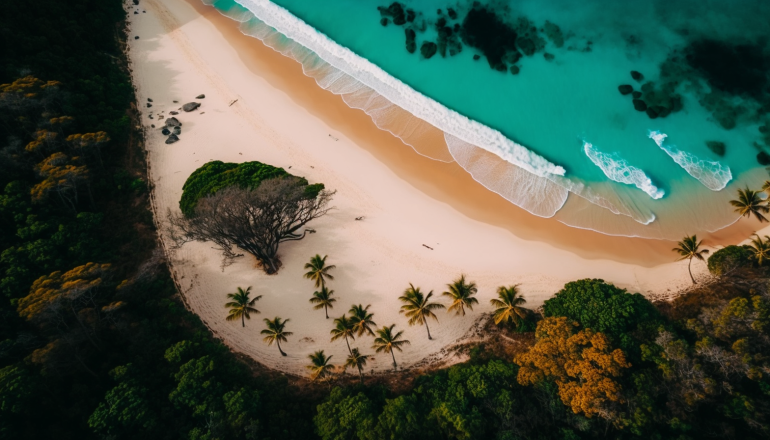 Met Artificial Intelligence gemaakte afbeelding van een zee met bos en strand ernaast