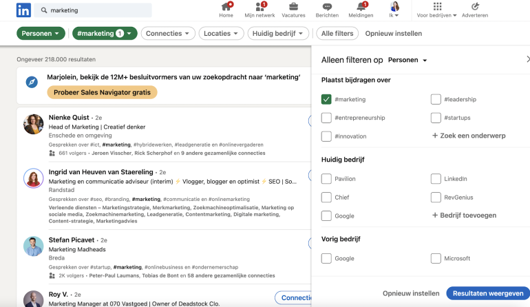 LinkedIn zoekfilters