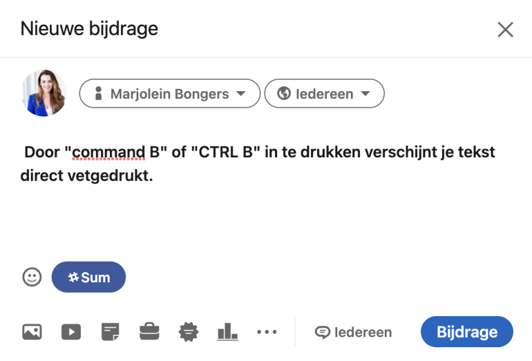Vetgedrukte tekst in nieuwe bijdrage op LinkedIn