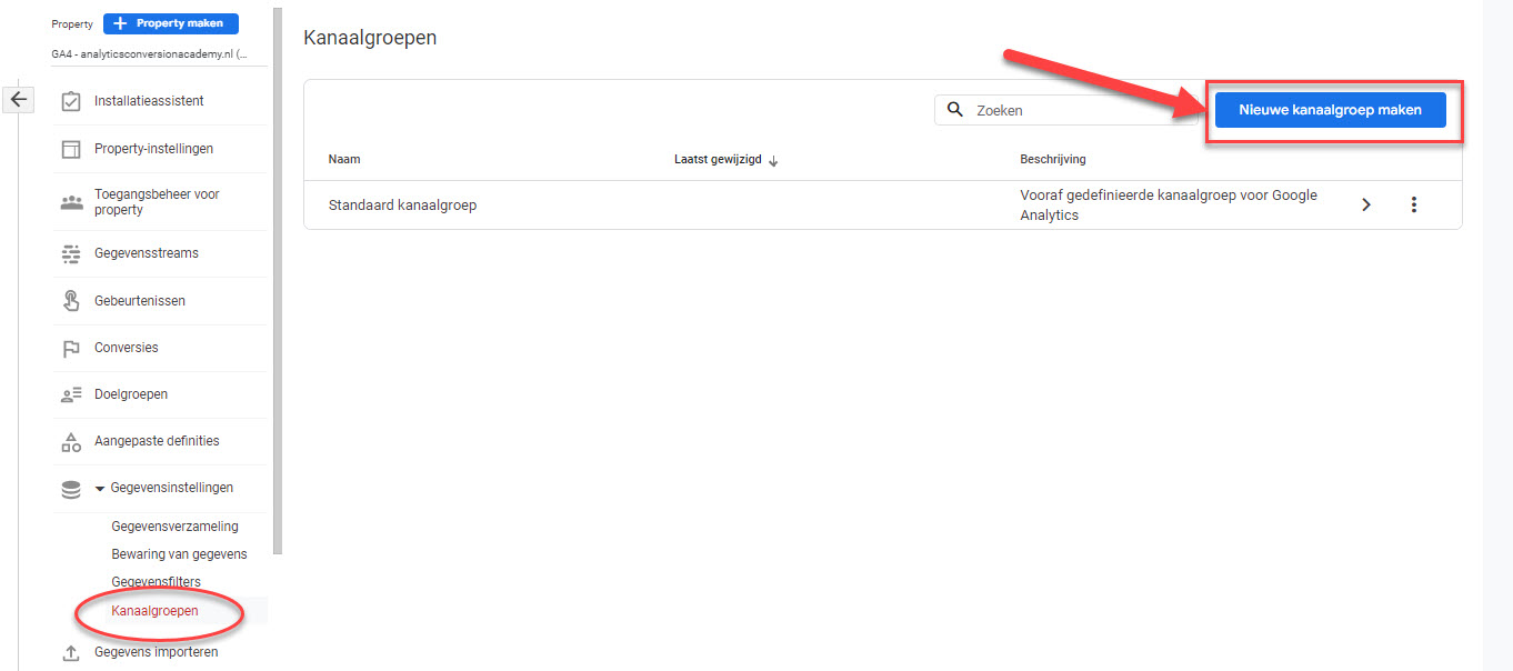 nieuwe kanaalgroep maken Google Analytics 4