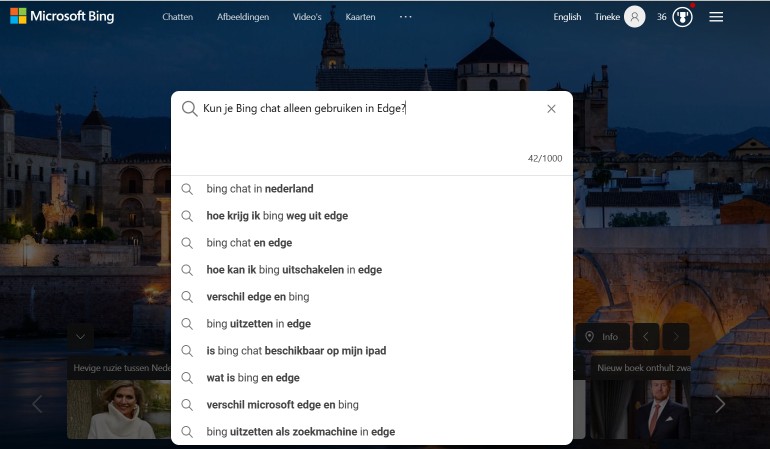 Vraag stellen op Bing.com
