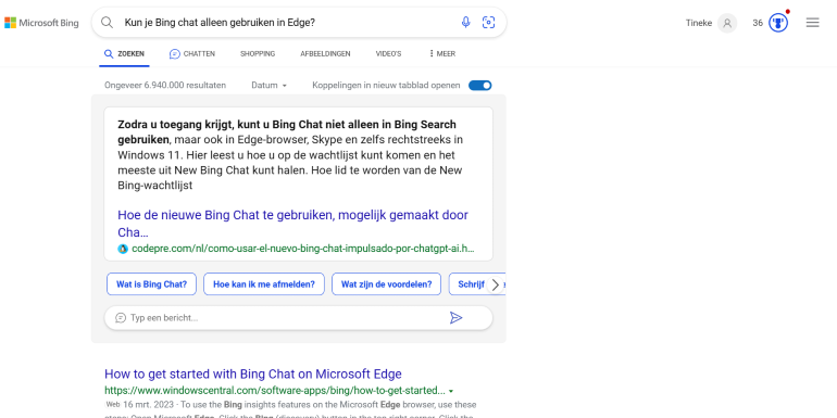 Zoekresultatenpagina van Bing