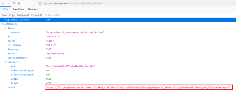 JSON response met de gevraagde informatie