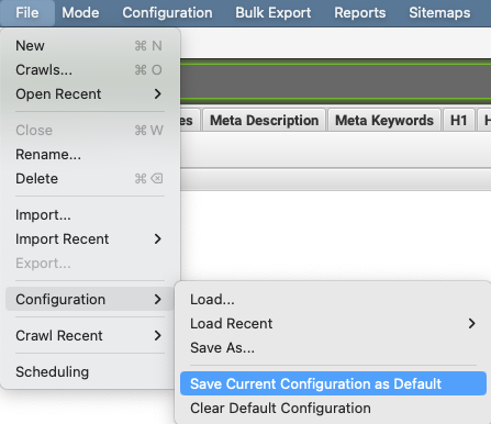 screaming frog configuratie opslaan als default