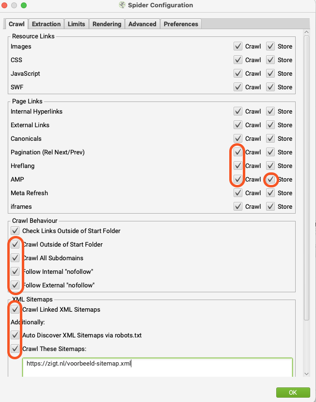 screaming frog crawl configuratie