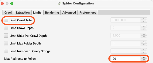 screaming frog limits configuratie