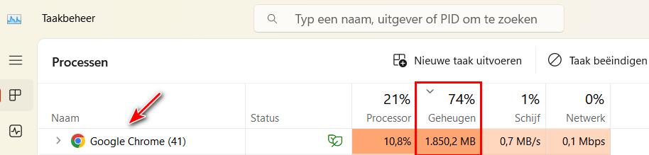 Taakbeheer waaruit blijkt dat Google Chrome geheugen slurpt