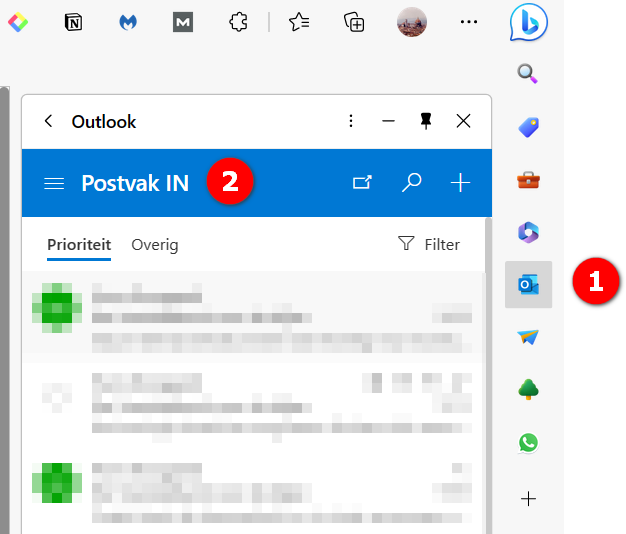 Voorbeeld van zijbalk met mailfunctie in Edge