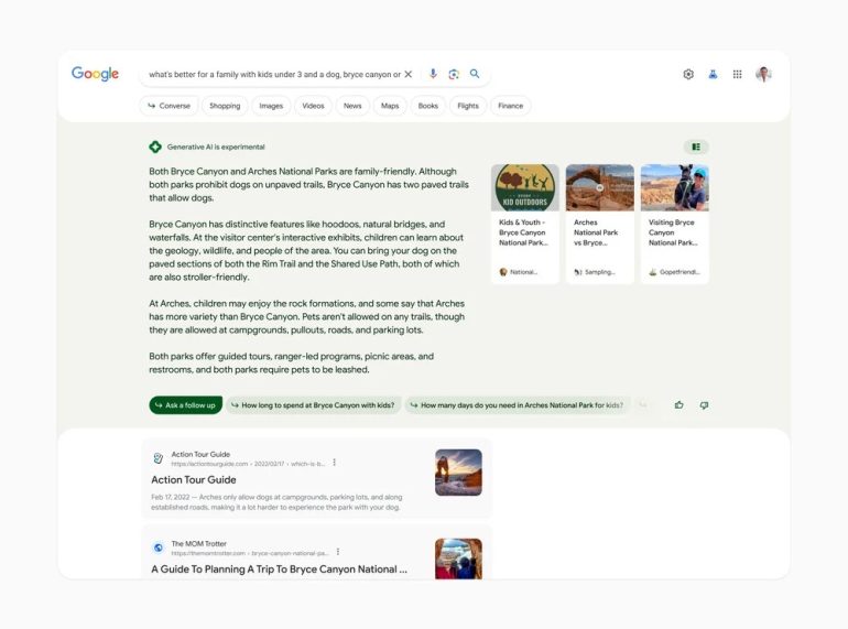 Google Search Generative Experience op de zoekresultatenpagina. 