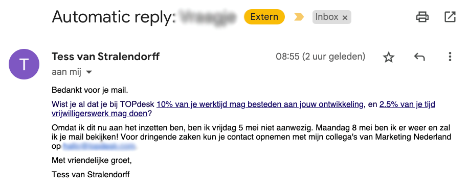 Out of office bericht Tess van Stralendorff TopDesk