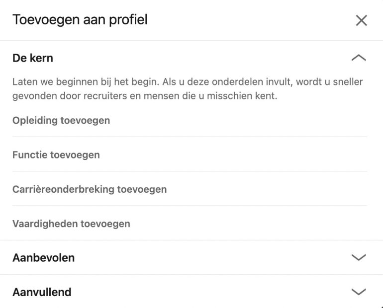 Profielsectie toevoegen.