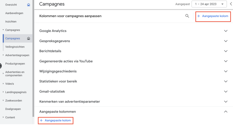 Aangepaste kolom Google Analytics 4 voorbeeld