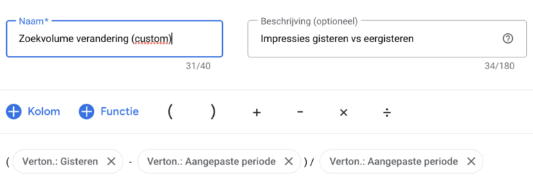 Voorbeeld zoekvolume aangepaste kolom