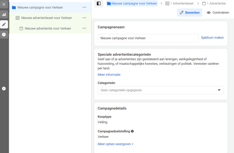 Campagnedoel kiezen in Facebook. 