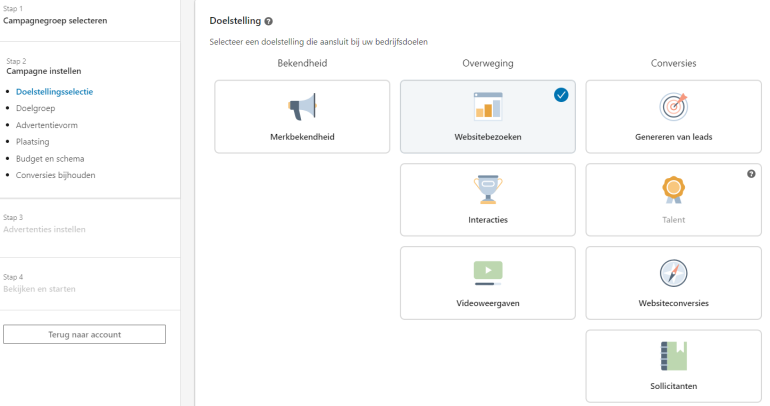 Advertentiedoelstelling in LinkedIn kiezen. 