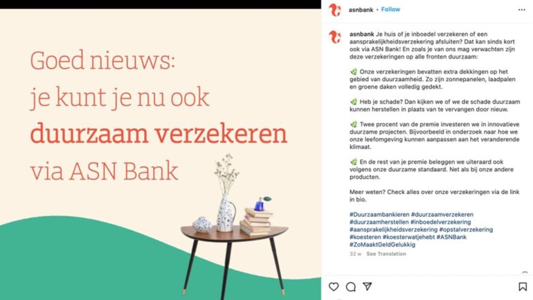 Voorbeeld op Instagram van ASN bank.