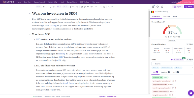 SurferSEO geeft je live suggesties van zoekwoorden, vragen en synoniemen die je kan verwerken in je tekst.