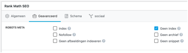 Bedankpagina instellen op niet indexeren in Rank Math SEO