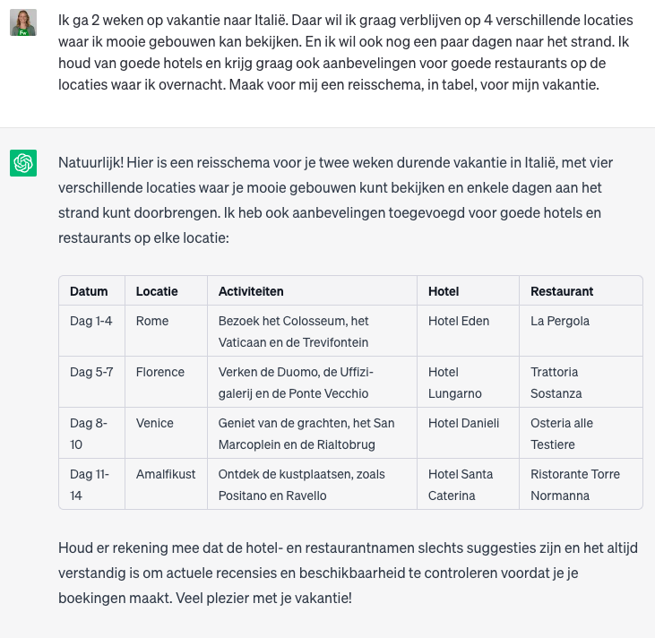Voorbeeld van vakantieplannen maken met ChatGPT.