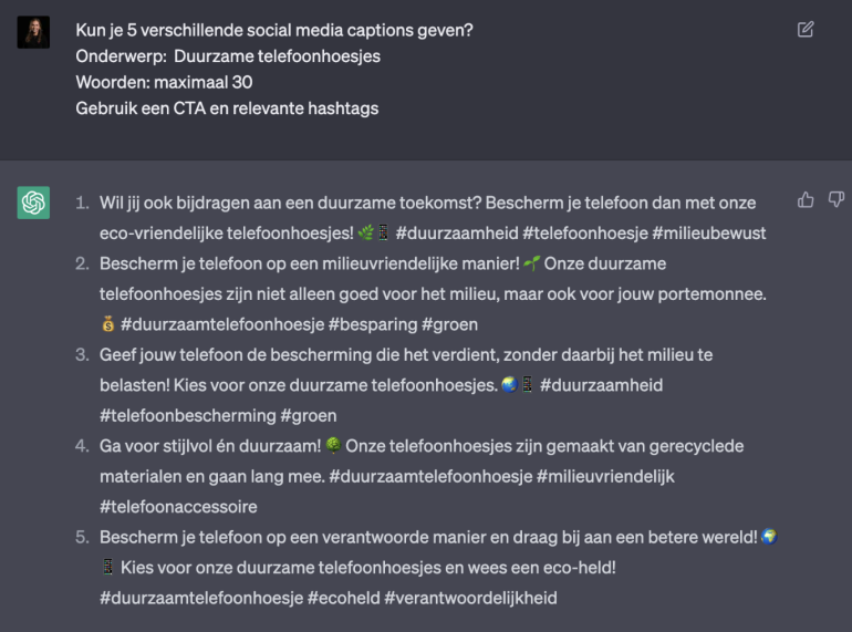 Voorbeeld ChatGPT helpt bij socialmedia-captions