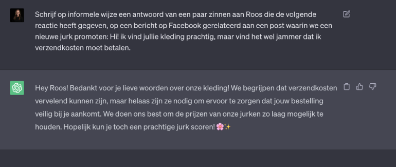Voorbeeld ChatGPT inzetten bij een reactie op social media
