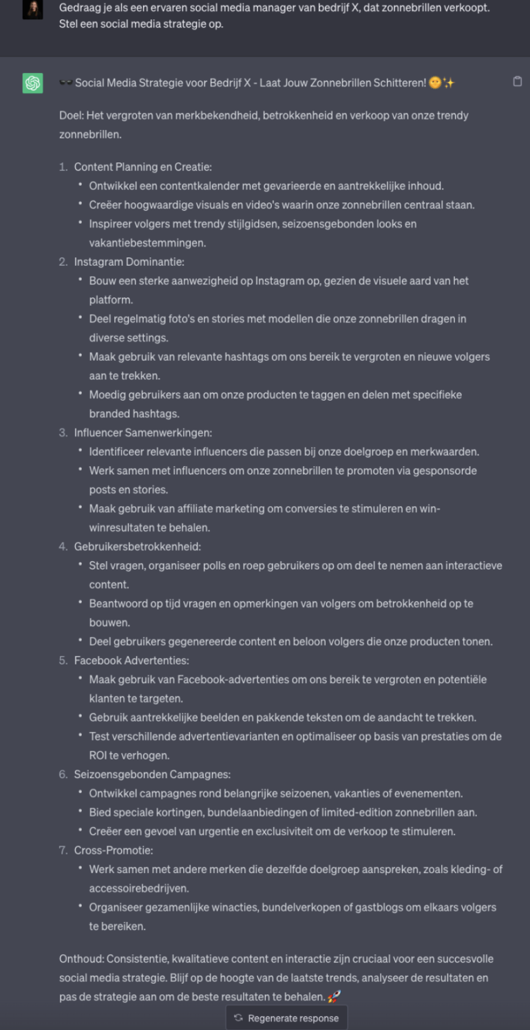 Voorbeeld bedenken socialmediastrategie met chatgpt