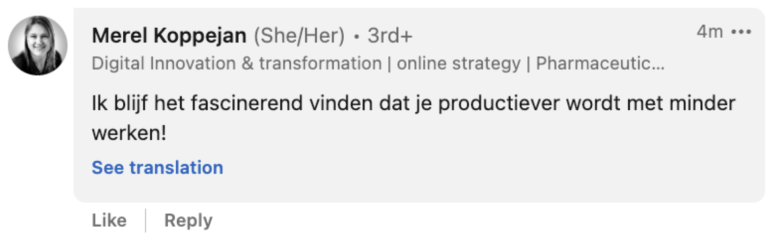 Reactie van Merel Koppejan op LinkedIn.