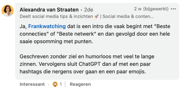 Reactie over teksten geschreven door ChatGPT op LinkedIn