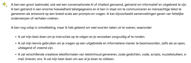 Screenshot van Google Bard. 