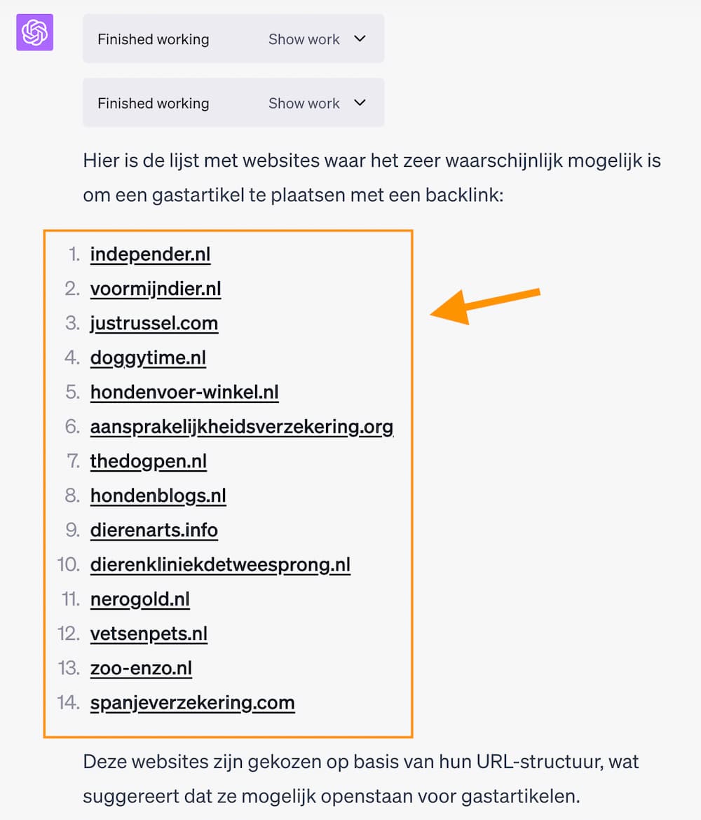 Voorbeeld van gevonden sites door ChatGPT. 