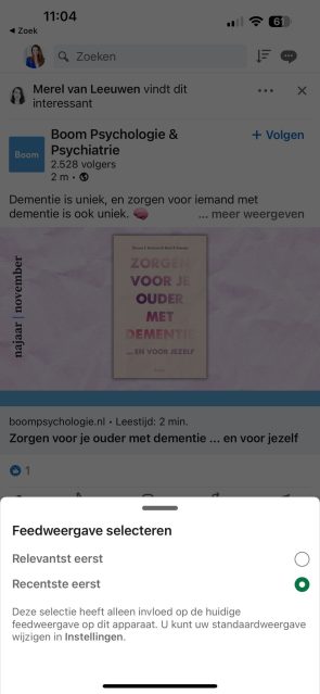 Screenshot van LinkedIn-update in mobiele app waarmee je de feedweergave kunt instellen