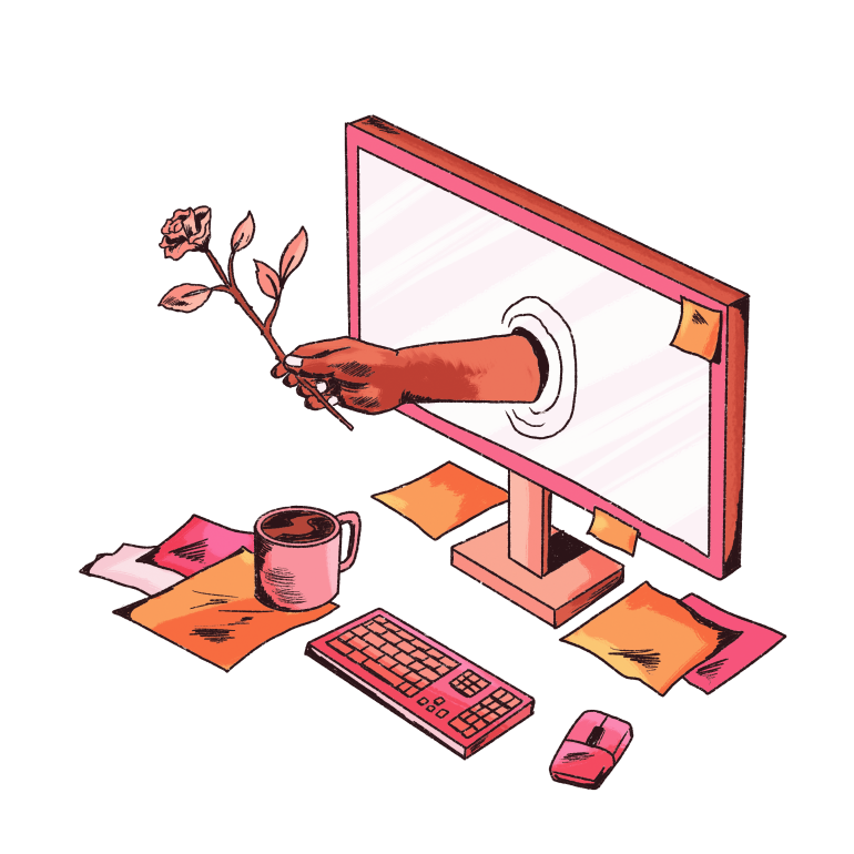 Illustratie van hand met roos die door beeldscherm komt. Illustraties: Jeroen Krul (Designer bij Clarify).