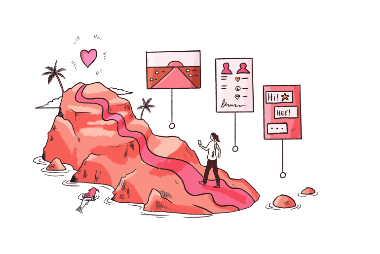 Illustratie van medewerker die een berg op loopt en een weg aflegt. Illustraties: Jeroen Krul (Designer bij Clarify).