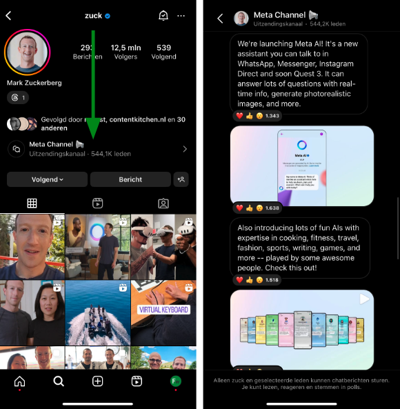 Instagram-update voorbeeld Broadcast Channel Mark Zuckerberg.