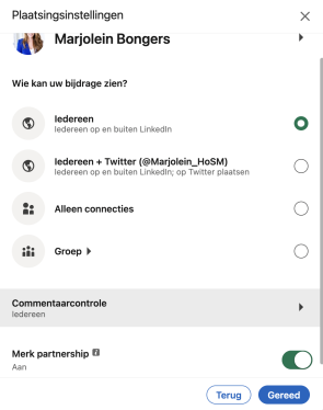 Screenshot van LinkedIn-update voor plaatsingsinstellingen, waaronder merk partnership