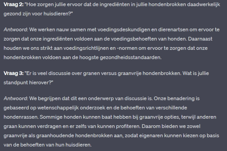 Voorbeeld van antwoorden die ChatGPT op de vragen geeft 