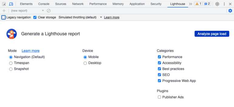lighthouse in google chrome devtools