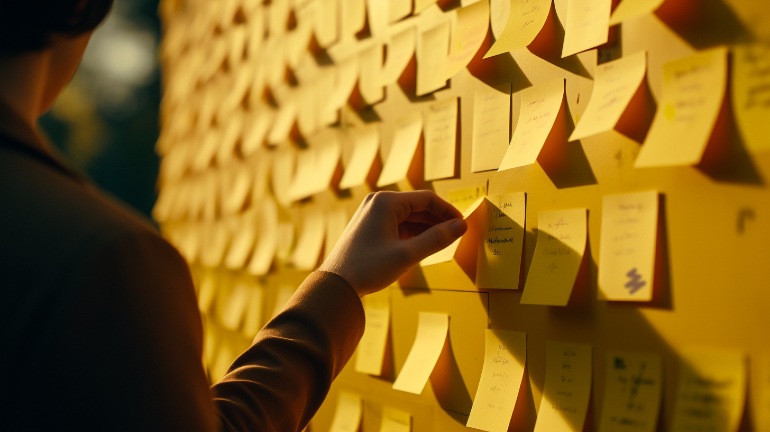 Impressie van een muur vol met gele postits. Gemaakt door Midjourney.