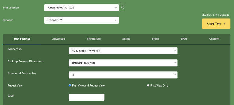 webpagetest instellingen