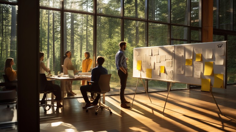 Impressie van een ruimte waar een workshop wordt gehouden. Gemaakt door Midjourney. 