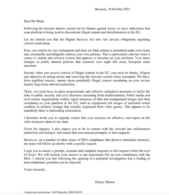 Brief richting Elon Musk van de Europese Commissie